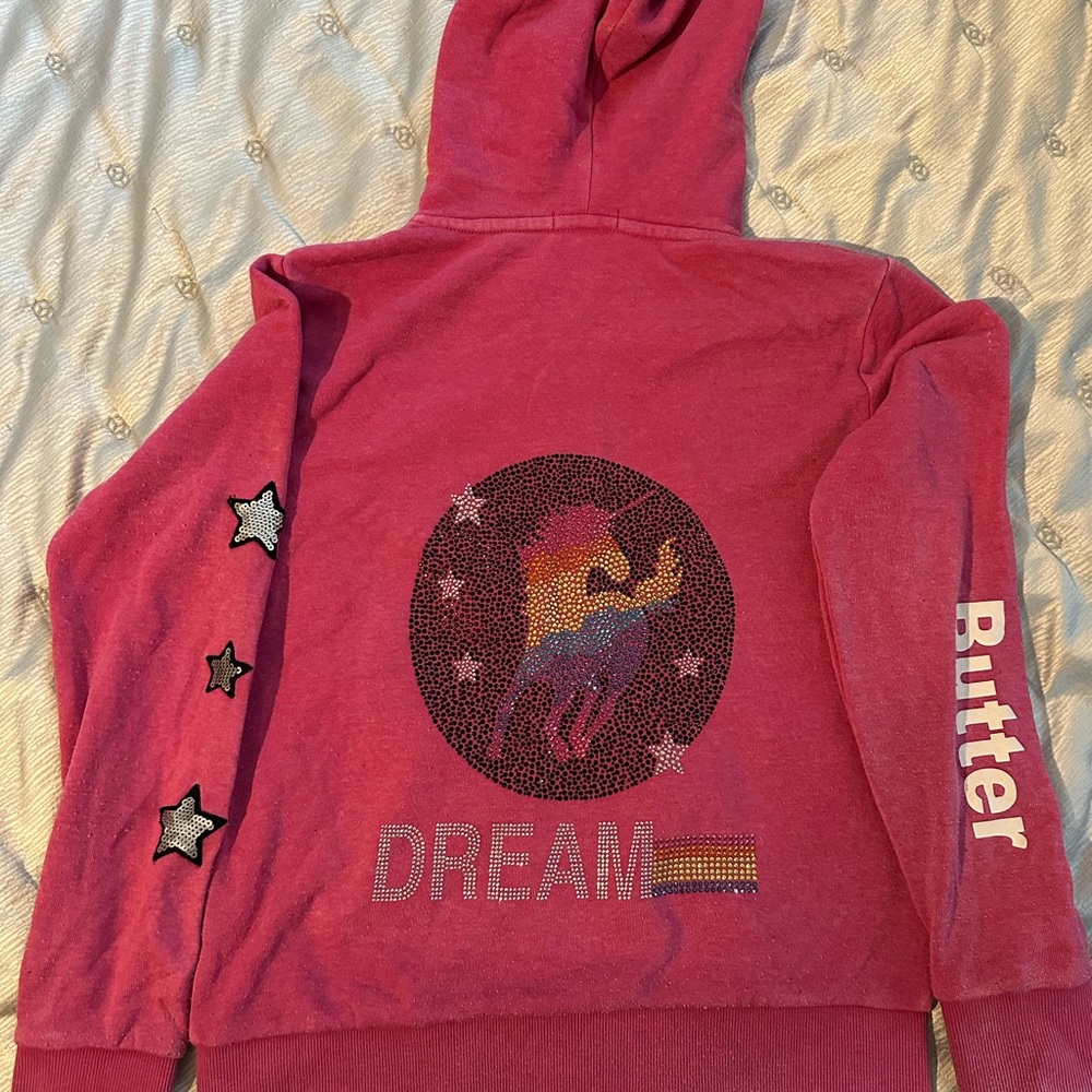 Butter Pink Unicorn Dream Full zip Hoodie Girls L (10/12) w/pockets & thumbholes